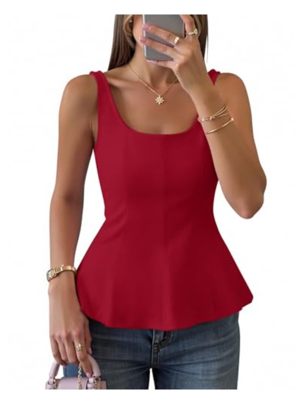 Sleeveless Square Neck Ruffle Hem Fitted Tank Top